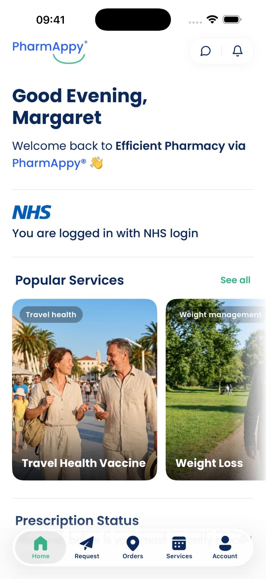 PharmAppy app home screen showing prescription status